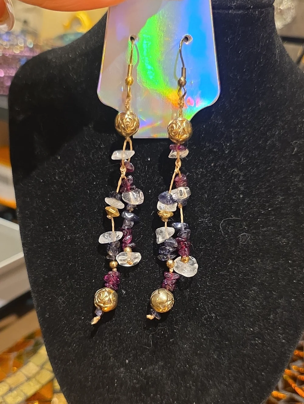 Vintage Gold-Tone Garnet & Clear Crystal Chip Dangle Earrings